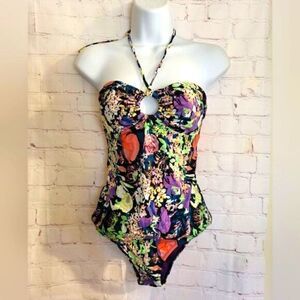 NWT Diane Von Furstenberg Floral Print One Pc. Bandeau Swimsuit Sz.S MSRP $170